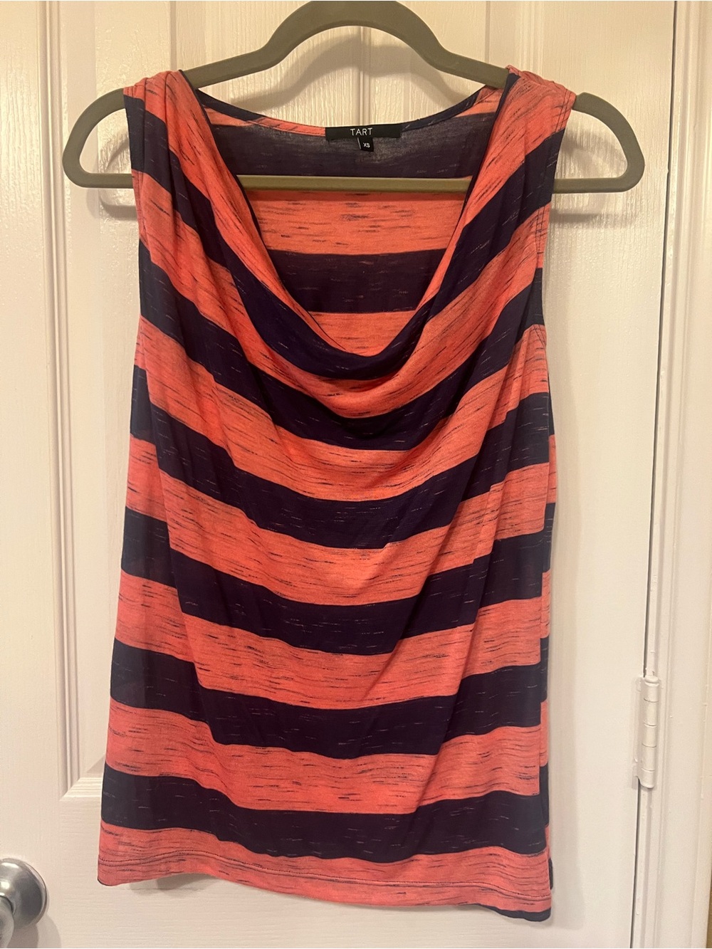Tart Sleeveless Striped Cowl Neck Top - Coral & Navy, Size XS